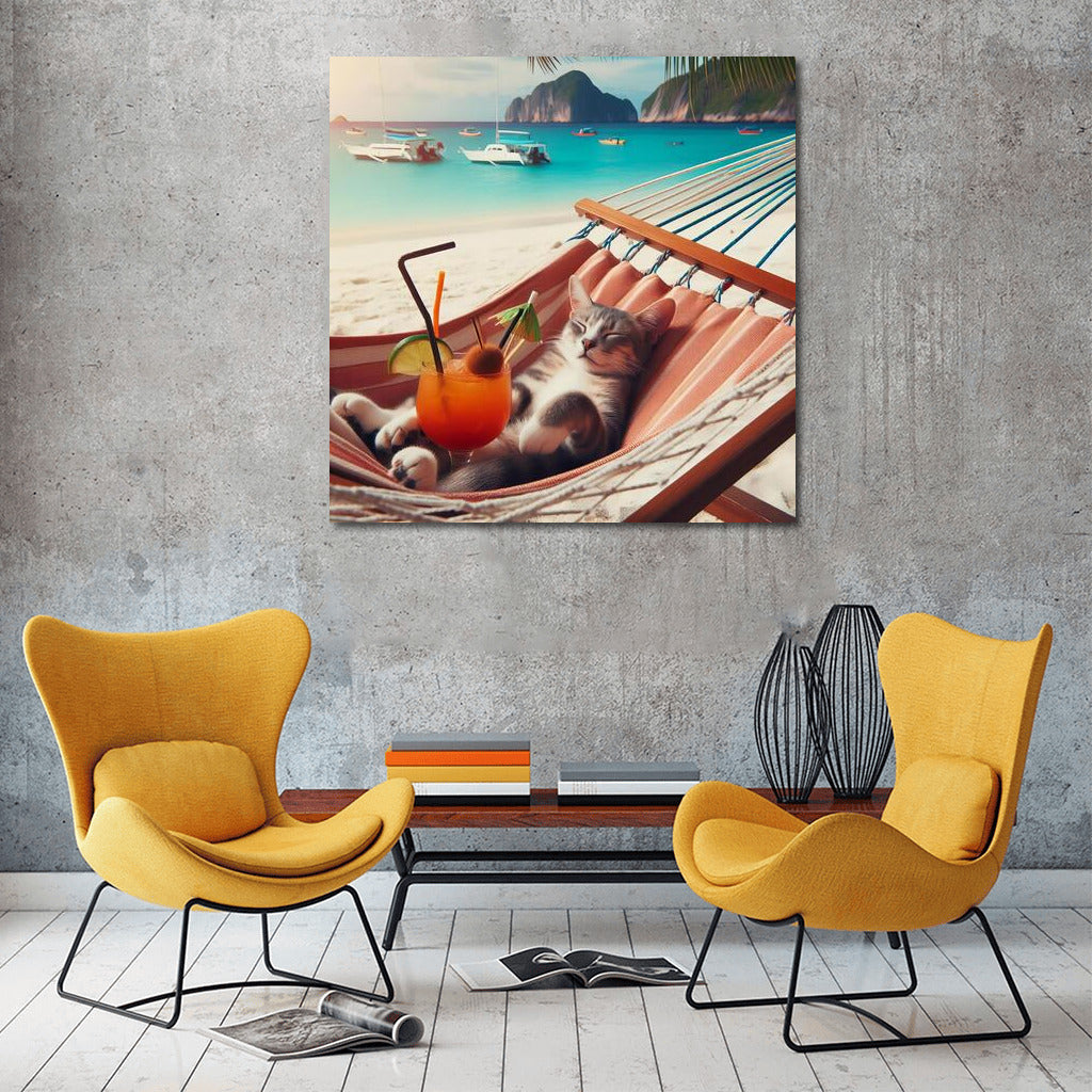 Cat in a Hammock on the Beach with a Cocktail: Serene Paradise