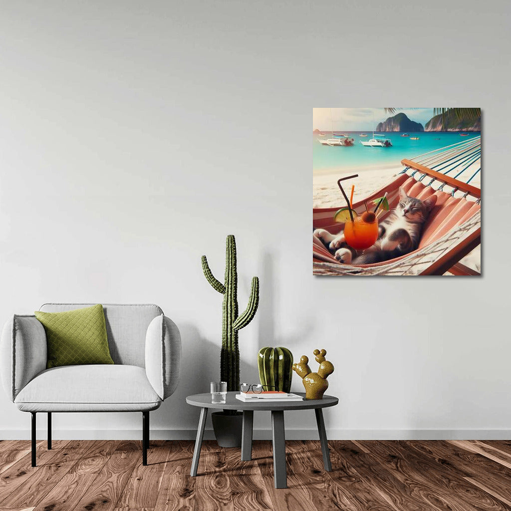 Cat in a Hammock on the Beach with a Cocktail: Serene Paradise