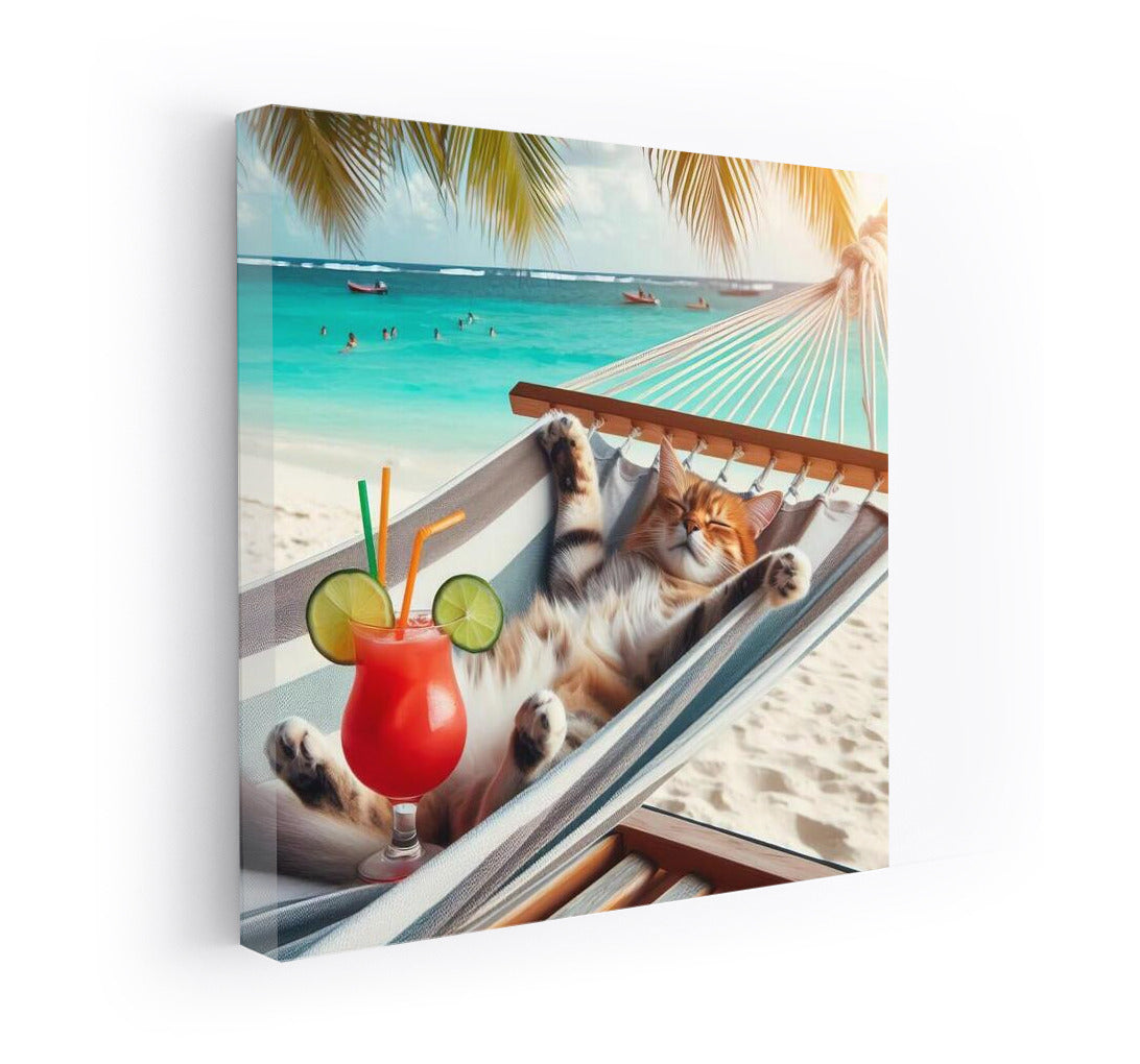 Cat in a Hammock: Beach Relaxation with a Cocktail