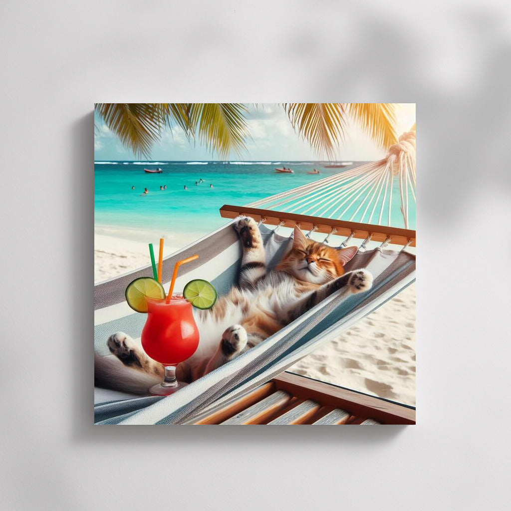 Cat in a Hammock: Beach Relaxation with a Cocktail