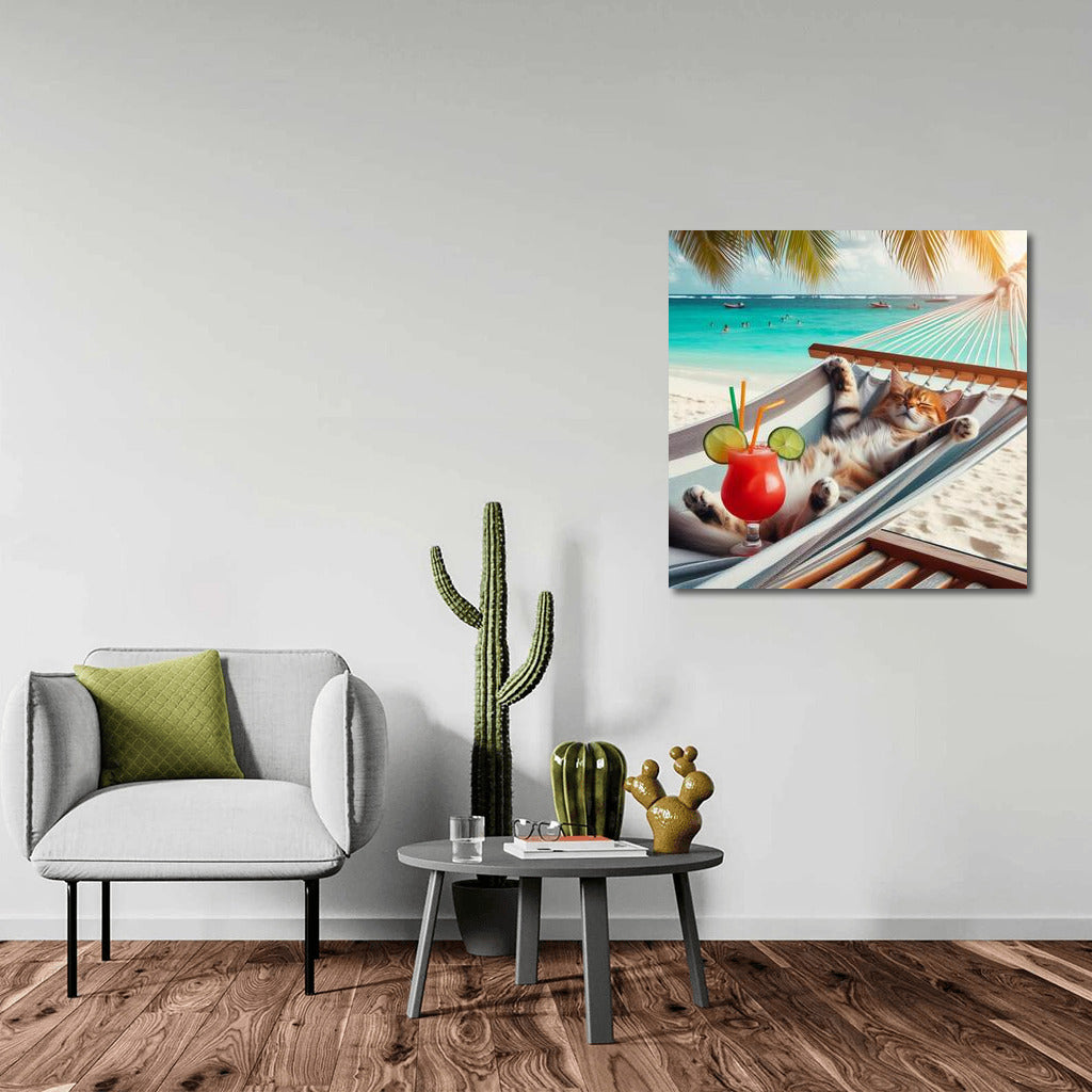 Cat in a Hammock: Beach Relaxation with a Cocktail