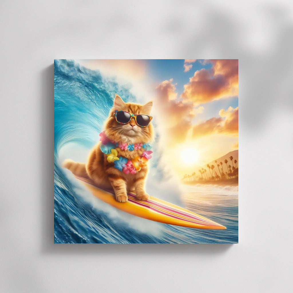 Surfing Cat on a Giant Wave: Catch a Wave of Happiness