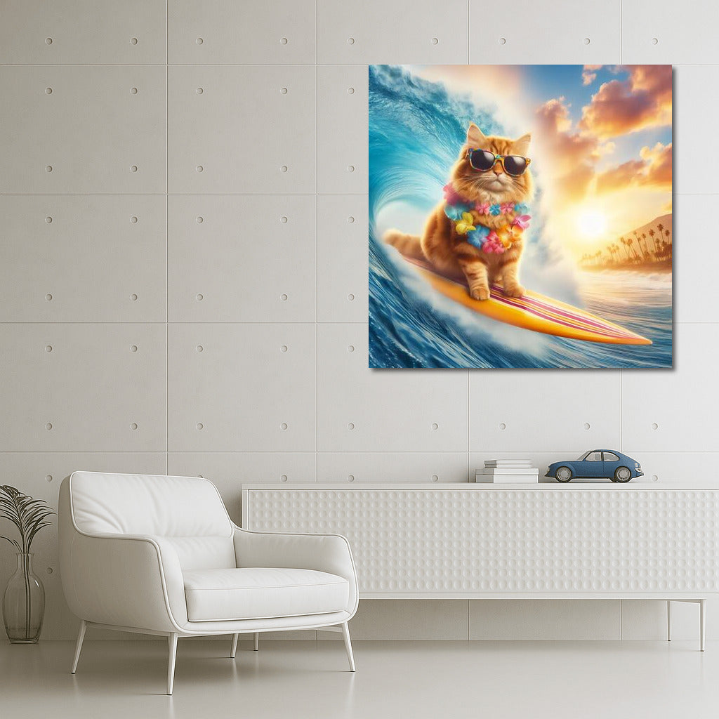 Surfing Cat on a Giant Wave: Catch a Wave of Happiness