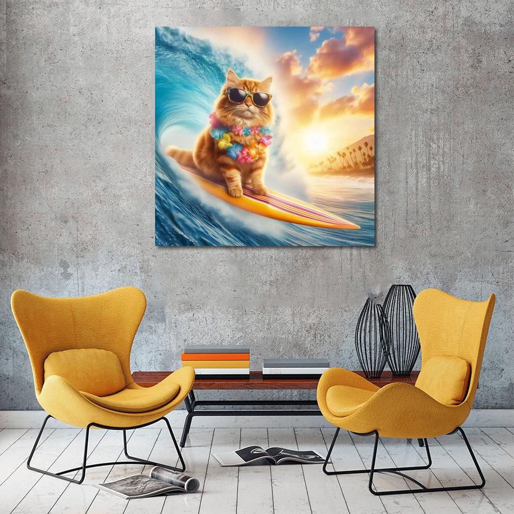 Surfing Cat on a Giant Wave: Catch a Wave of Happiness