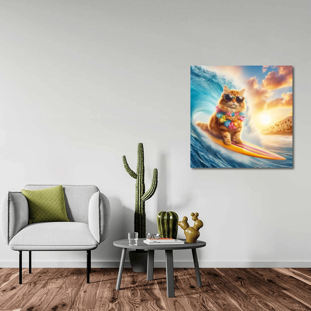Surfing Cat on a Giant Wave: Catch a Wave of Happiness
