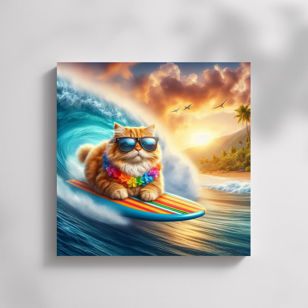 Surreal Surfing: Cat on the Crest of a Giant Wave