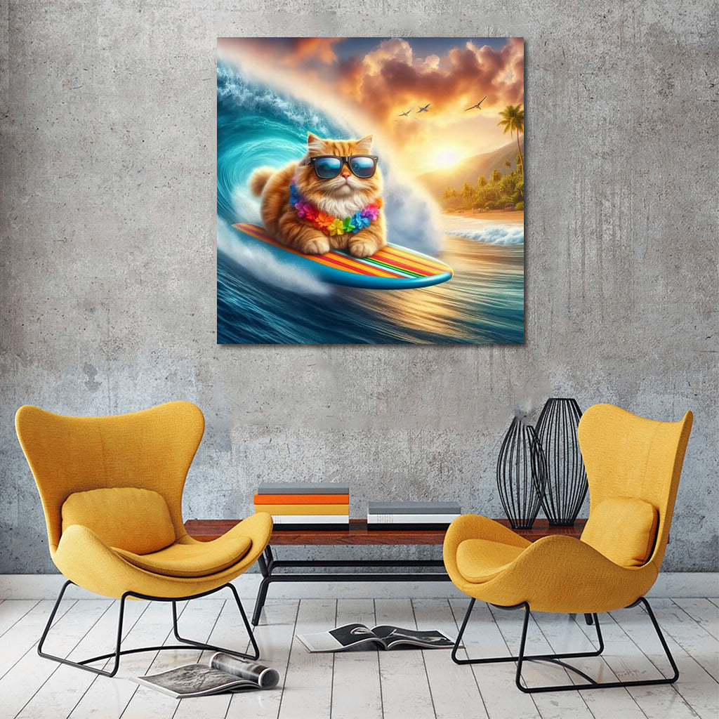 Surreal Surfing: Cat on the Crest of a Giant Wave