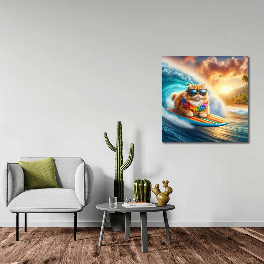 Surreal Surfing: Cat on the Crest of a Giant Wave