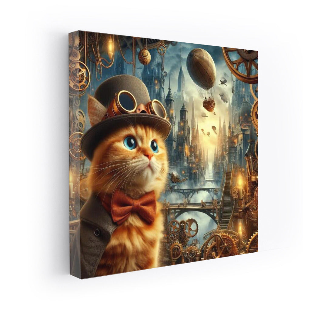 Steampunk Adventure: Cat in a Top Hat Among Gears and Airships