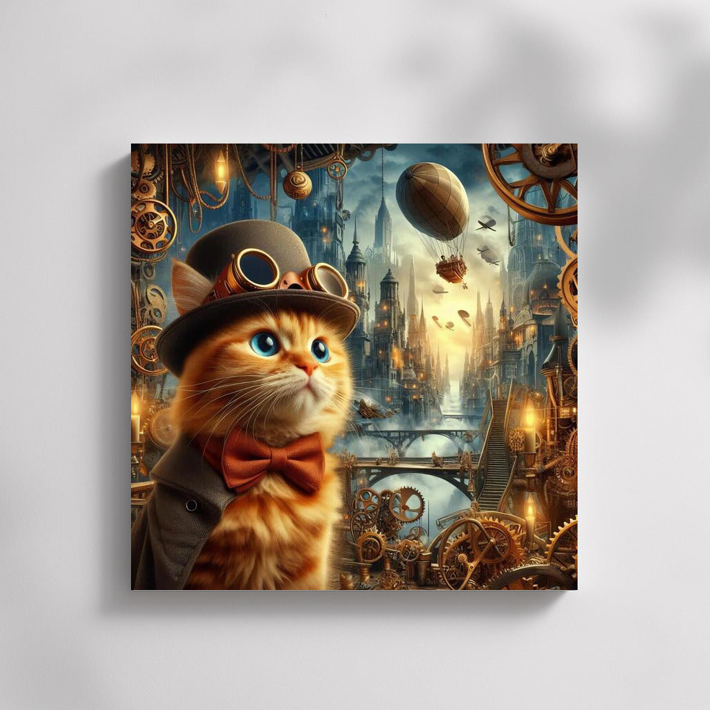 Steampunk Adventure: Cat in a Top Hat Among Gears and Airships