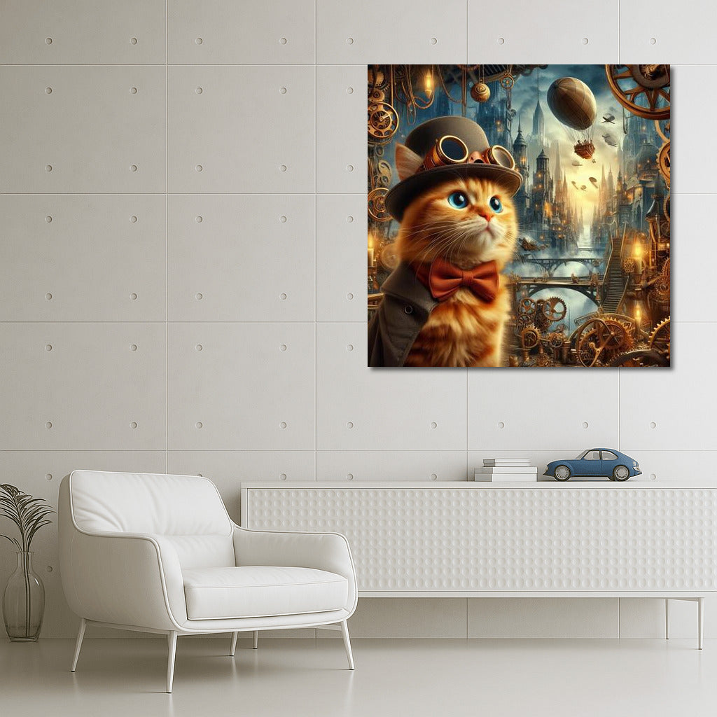 Steampunk Adventure: Cat in a Top Hat Among Gears and Airships