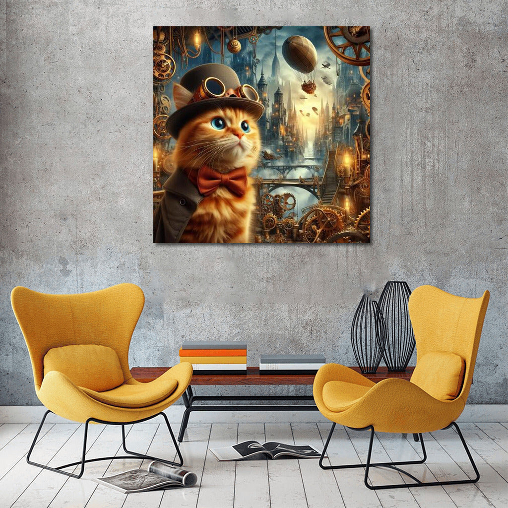 Steampunk Adventure: Cat in a Top Hat Among Gears and Airships