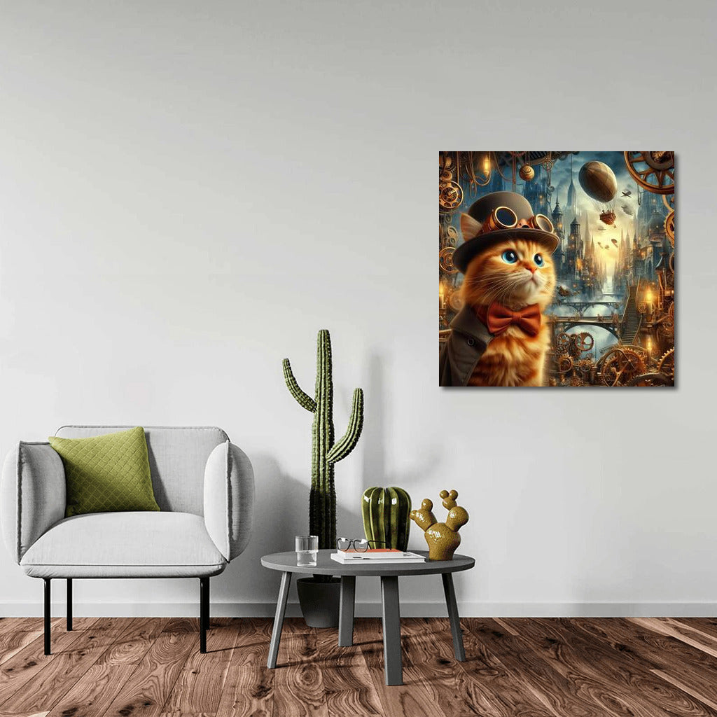 Steampunk Adventure: Cat in a Top Hat Among Gears and Airships