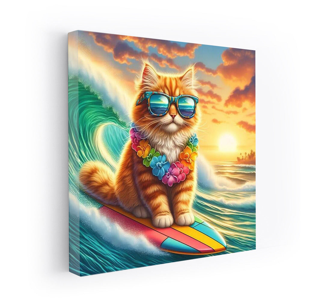 Surfing Cat in Glasses on a Giant Wave: Adventure on the Crest