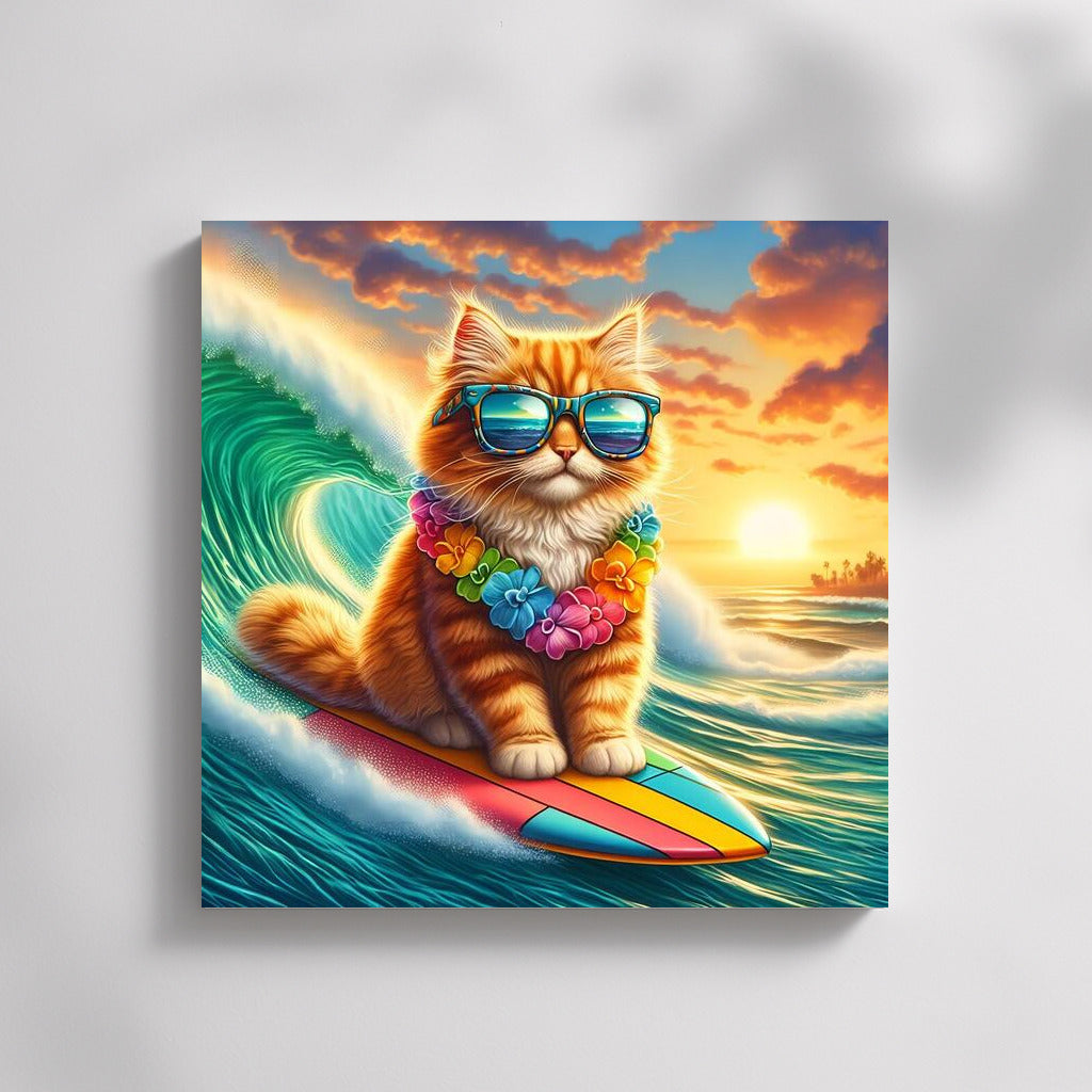 Surfing Cat in Glasses on a Giant Wave: Adventure on the Crest