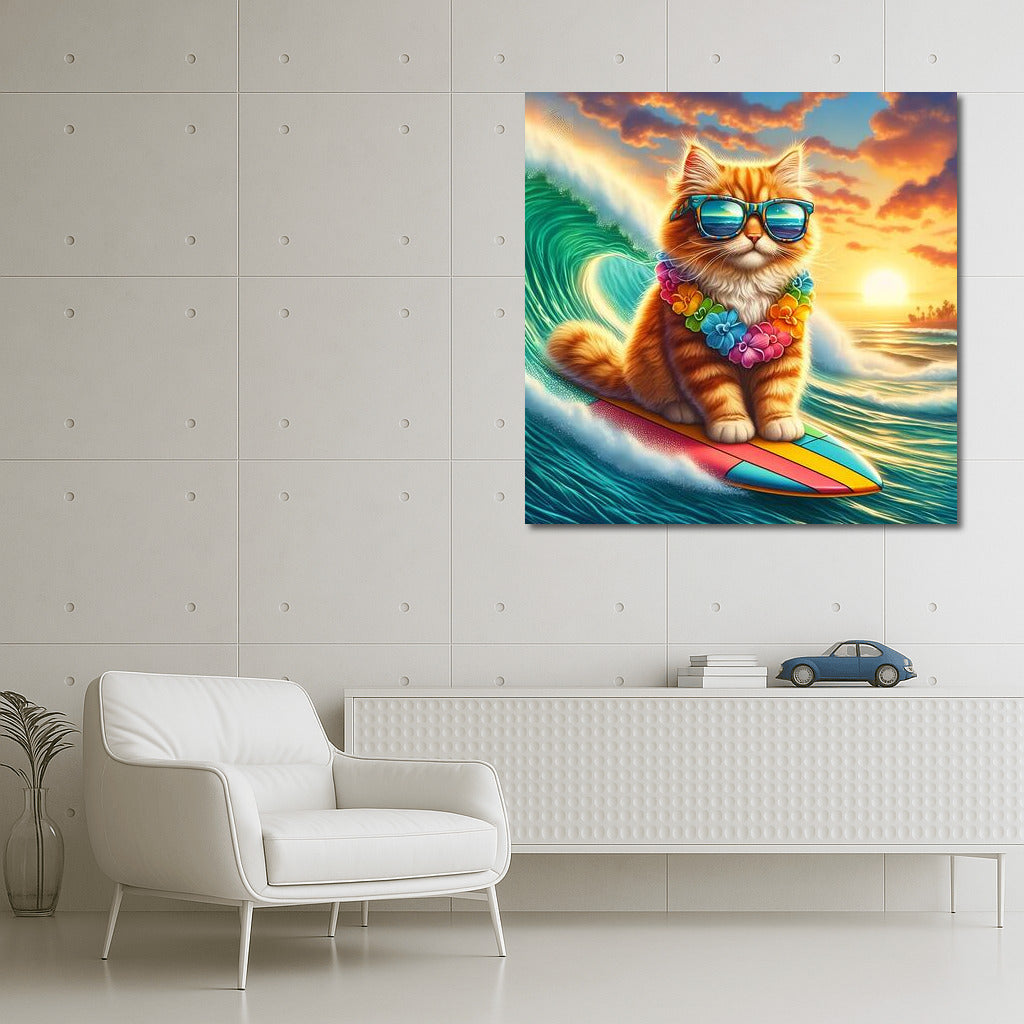 Surfing Cat in Glasses on a Giant Wave: Adventure on the Crest