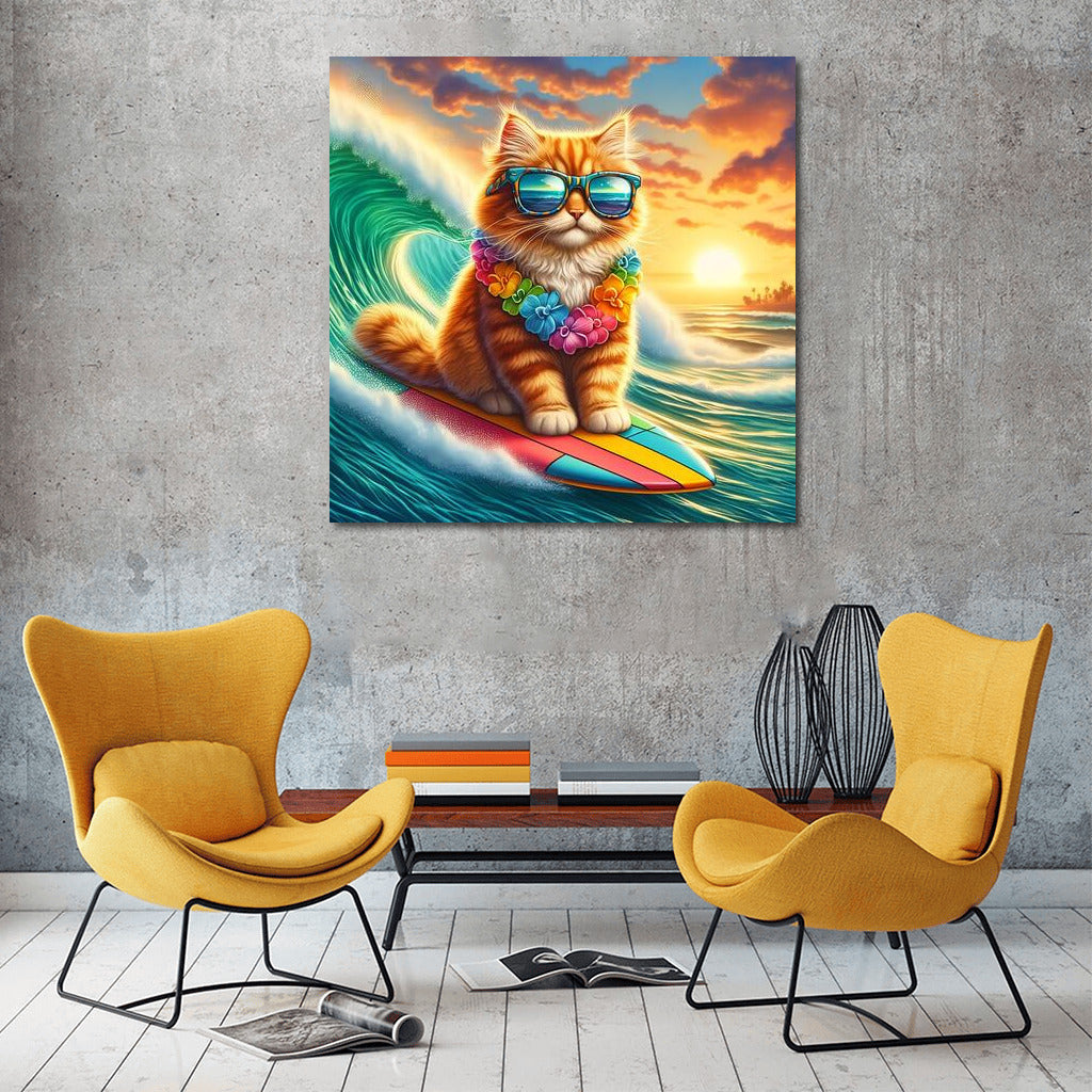 Surfing Cat in Glasses on a Giant Wave: Adventure on the Crest