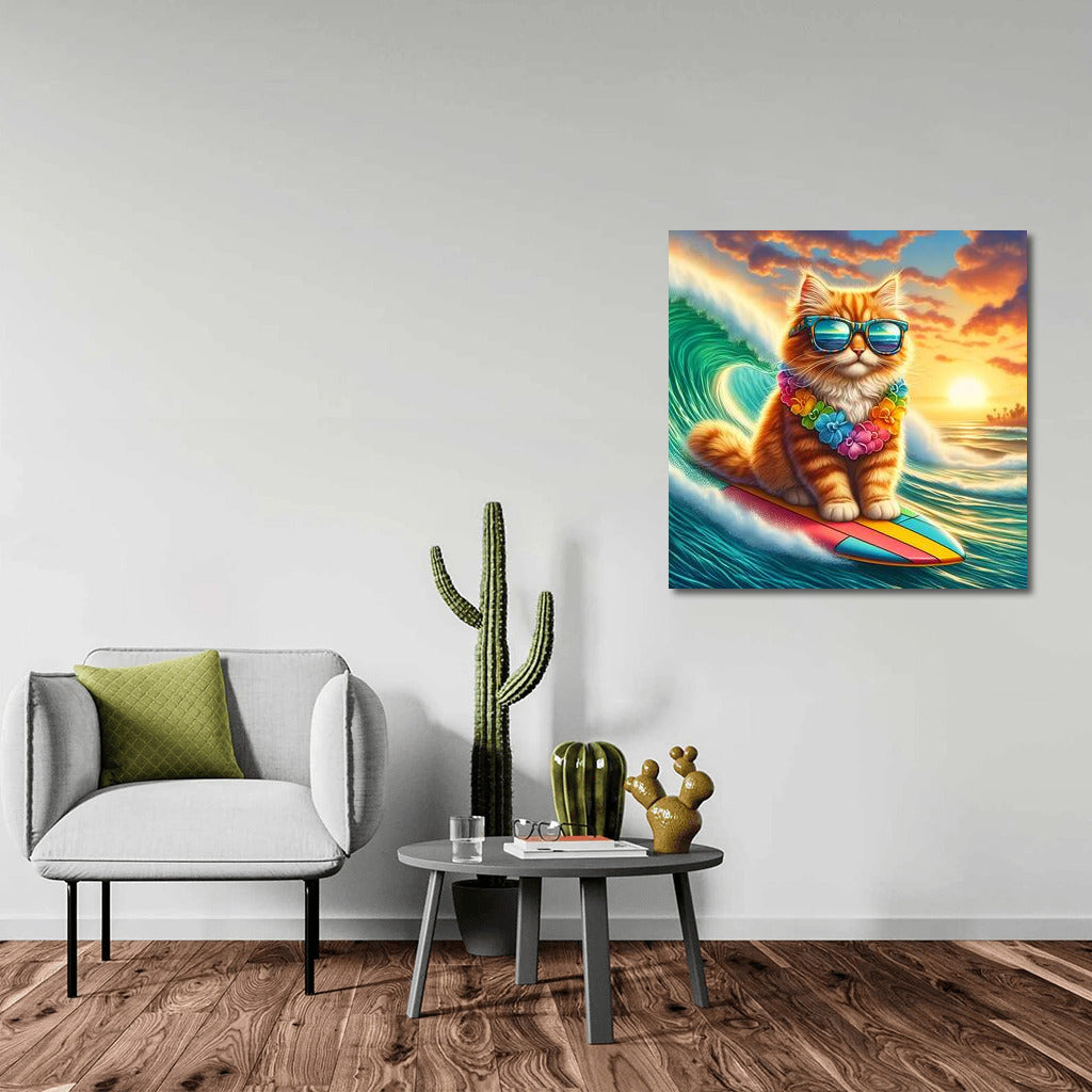 Surfing Cat in Glasses on a Giant Wave: Adventure on the Crest
