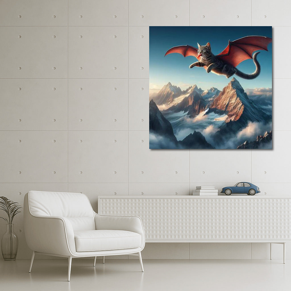 Magical Flight: Cat-Dragon over the Mountain Peaks
