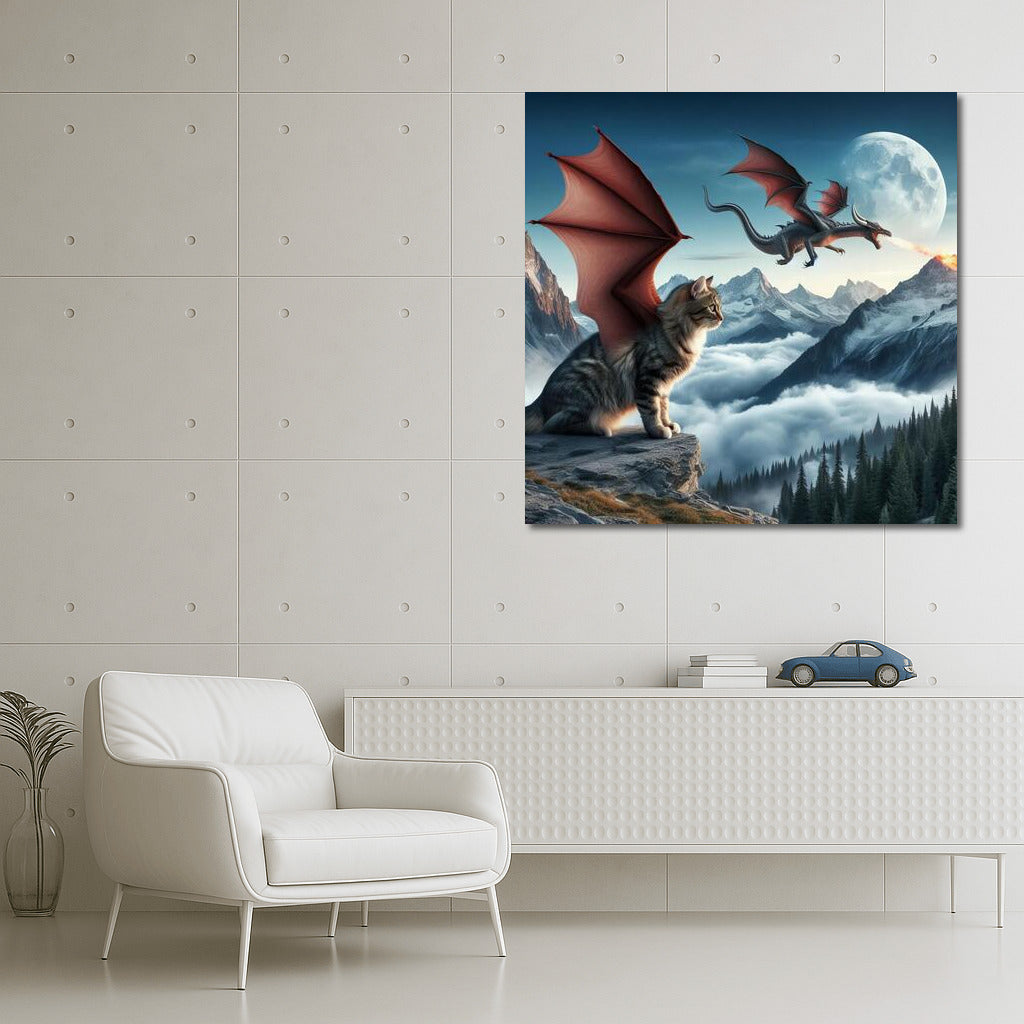Magical Flight: Cat-Dragon over the Mountain Peaks