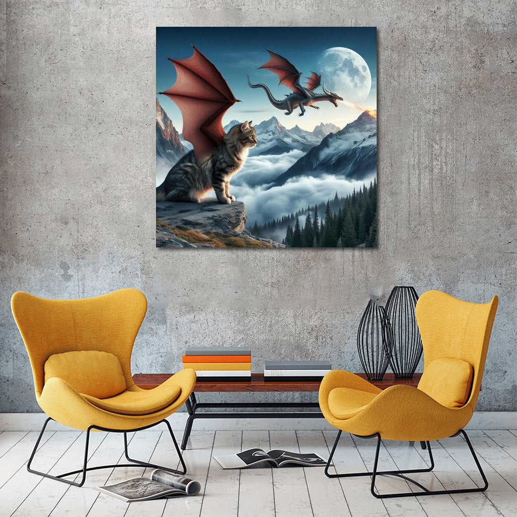 Magical Flight: Cat-Dragon over the Mountain Peaks