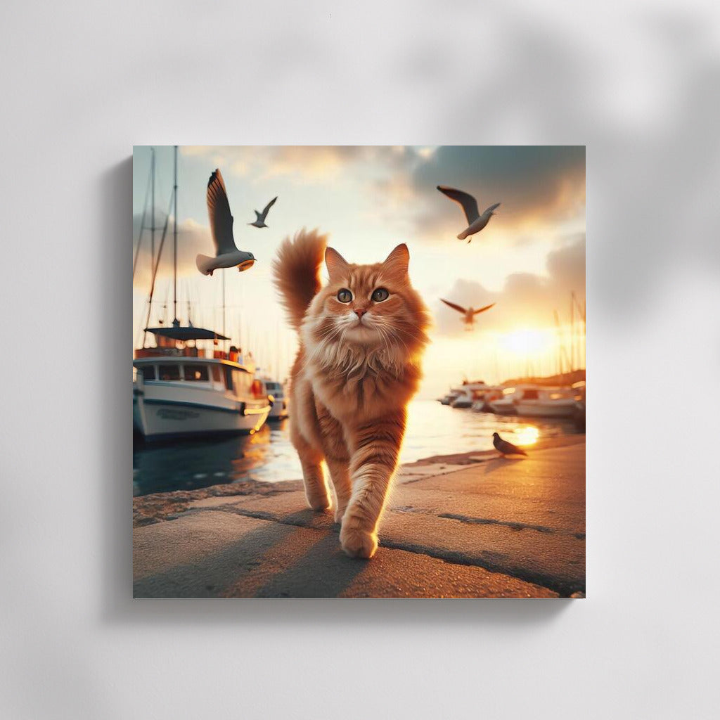 Sunset Walk of the Cat along the Embankment: Evening Comfort and Dreaminess
