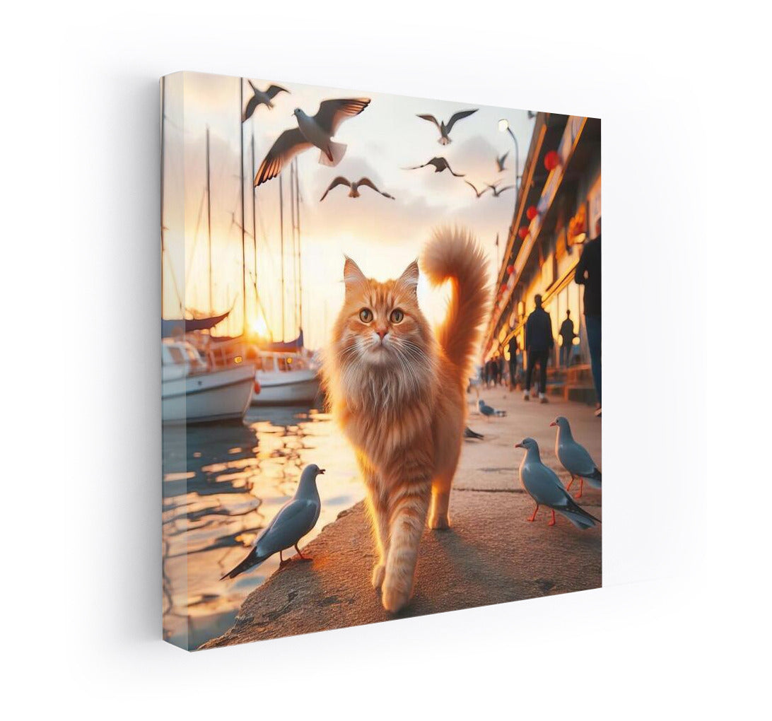 Cat at sunset: a walk along the embankment among seagulls and boats