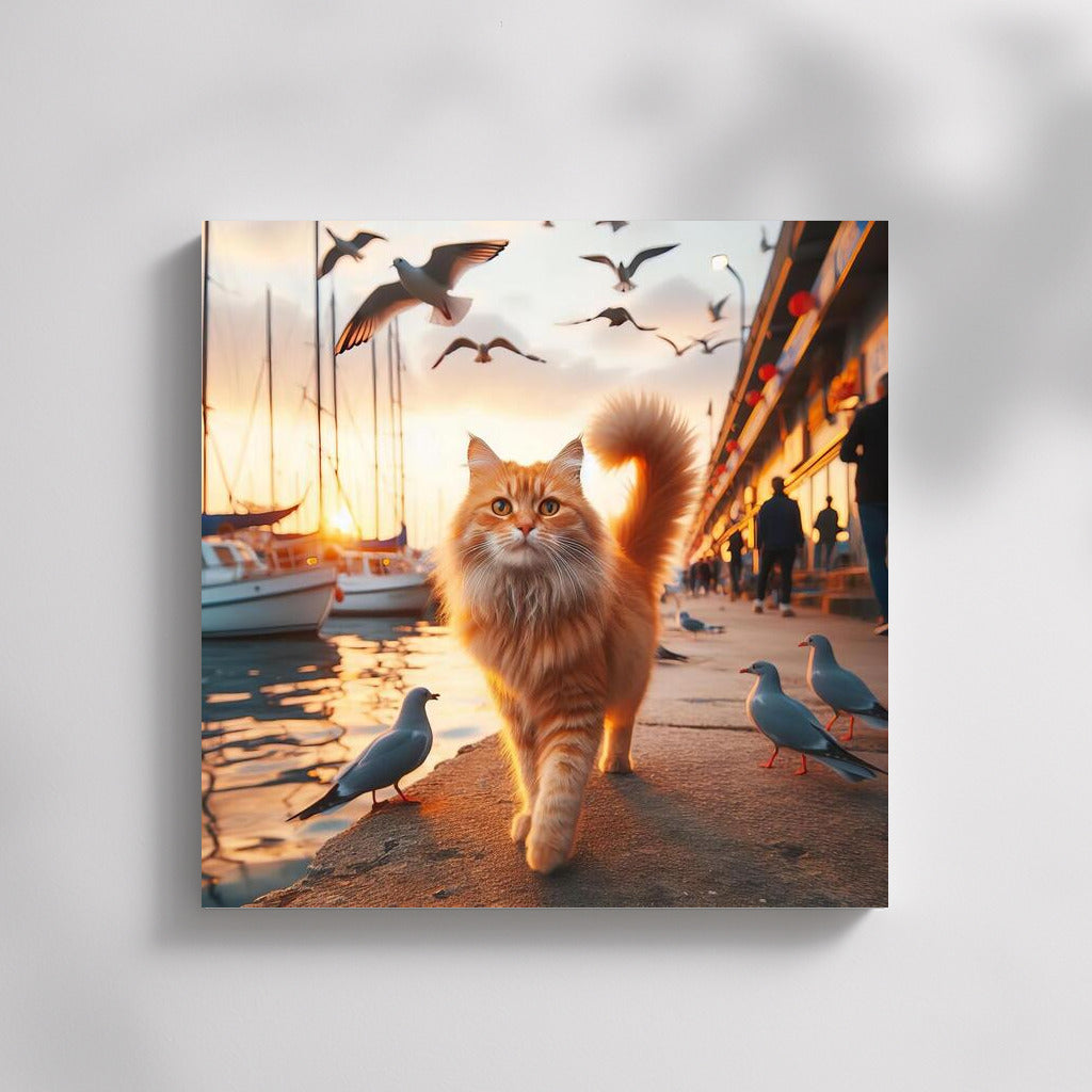 Cat at sunset: a walk along the embankment among seagulls and boats