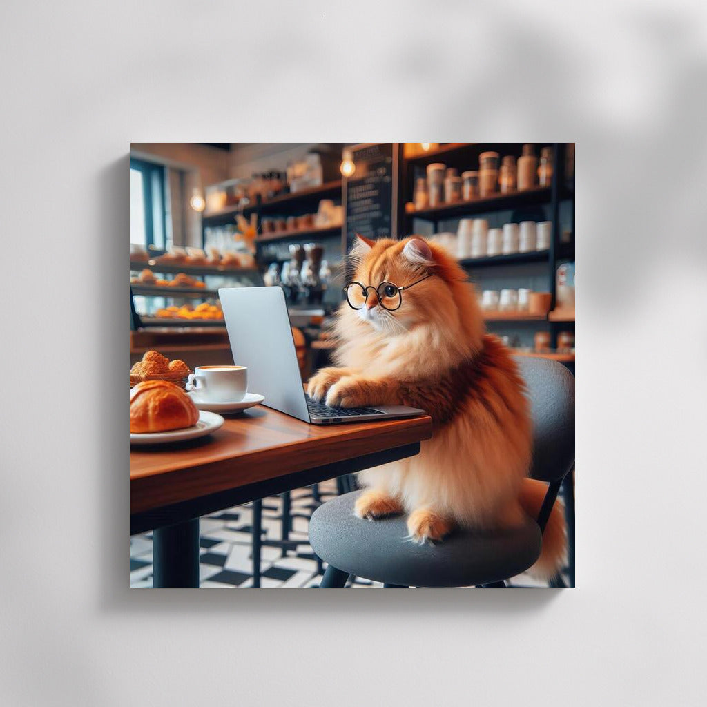 Cat-Barista at the Laptop: Working Day in the Cafe