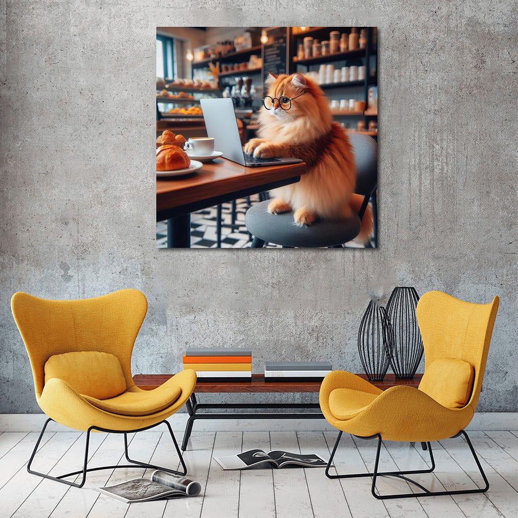 Cat-Barista at the Laptop: Working Day in the Cafe