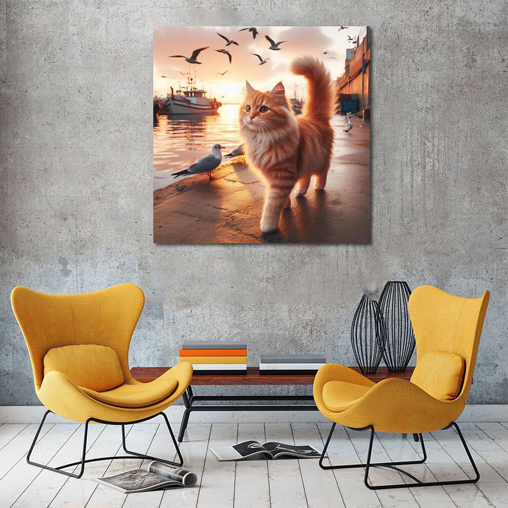 Sunset Walk: Fluffy Cat on the Embankment