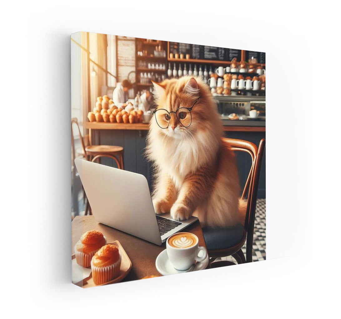Cat in Glasses: Fluffy Genius at a Laptop in a Cafe