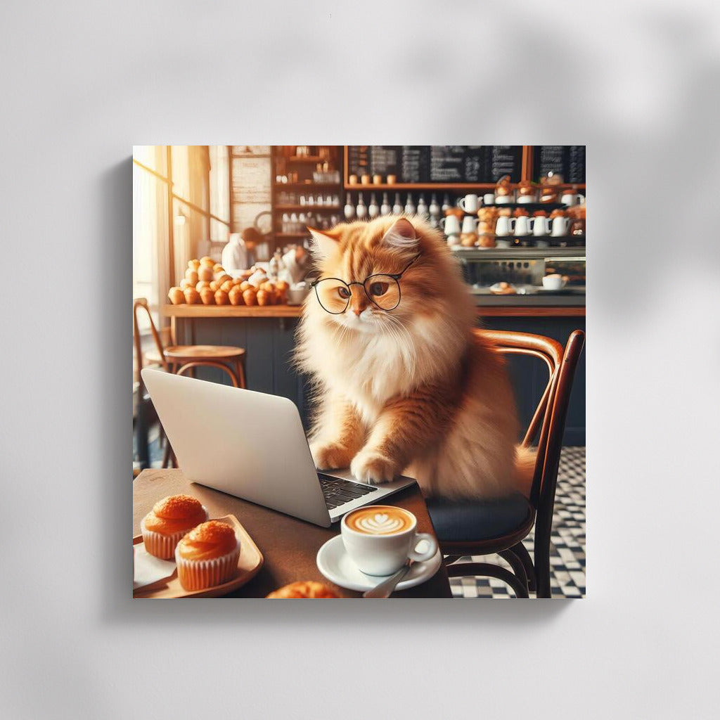 Cat in Glasses: Fluffy Genius at a Laptop in a Cafe