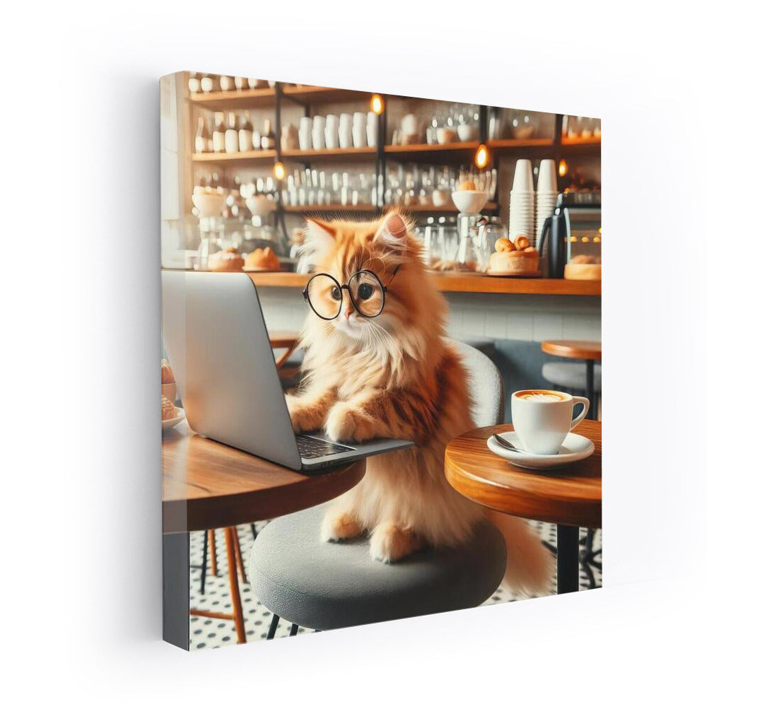 Cat in a Cafe: Fluffy IT Guy at His Laptop