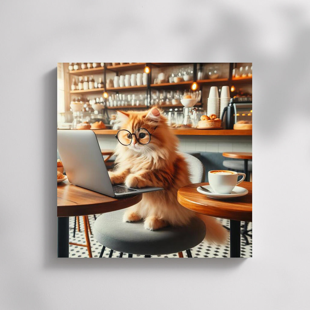 Cat in a Cafe: Fluffy IT Guy at His Laptop