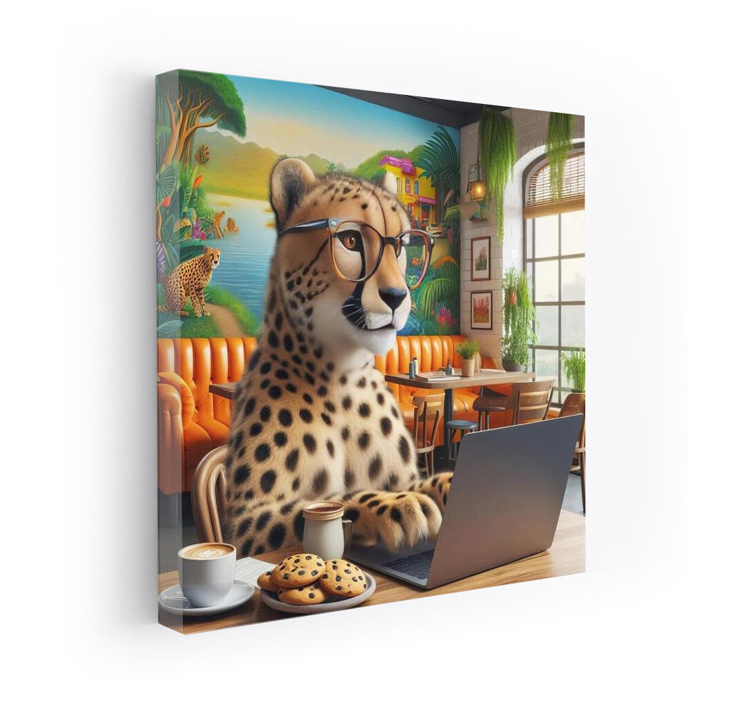 Cheetah in Glasses: Stylish Freelancer in a Cafe