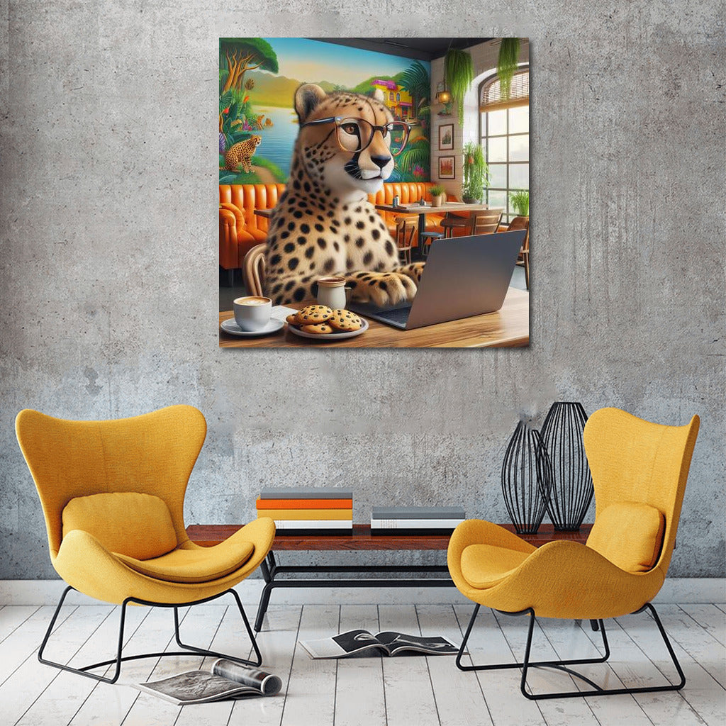Cheetah in Glasses: Stylish Freelancer in a Cafe