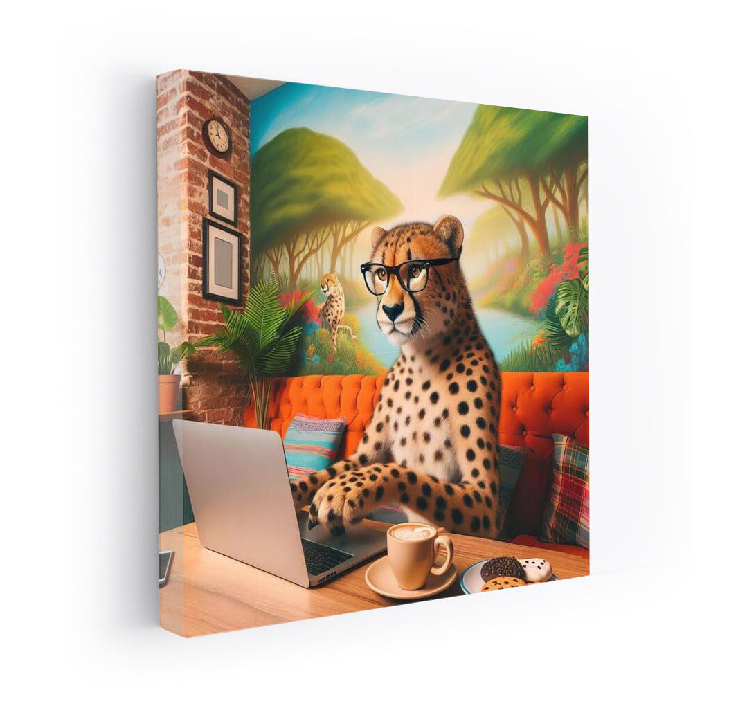 Cheetah in Glasses at a Laptop: Cafe Adventure