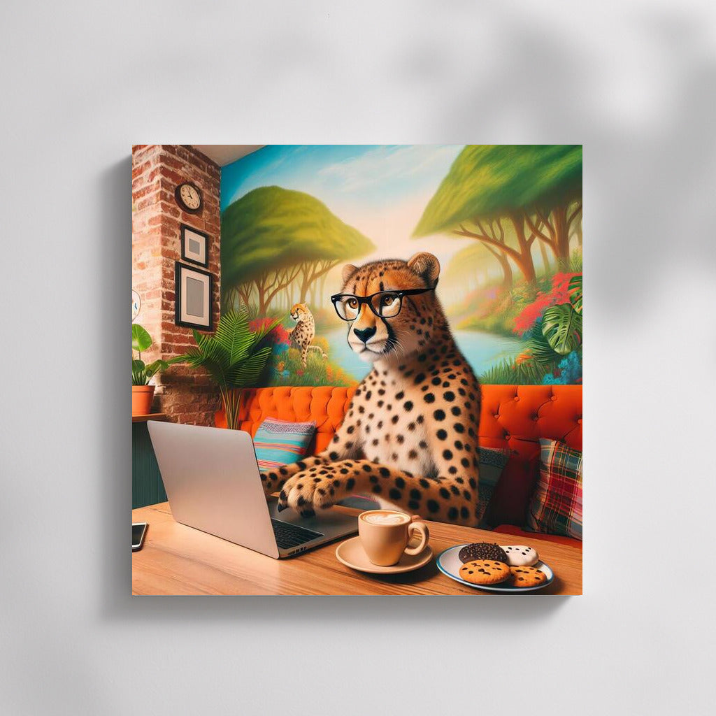 Cheetah in Glasses at a Laptop: Cafe Adventure