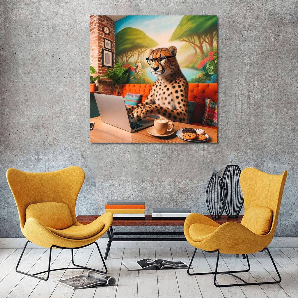 Cheetah in Glasses at a Laptop: Cafe Adventure