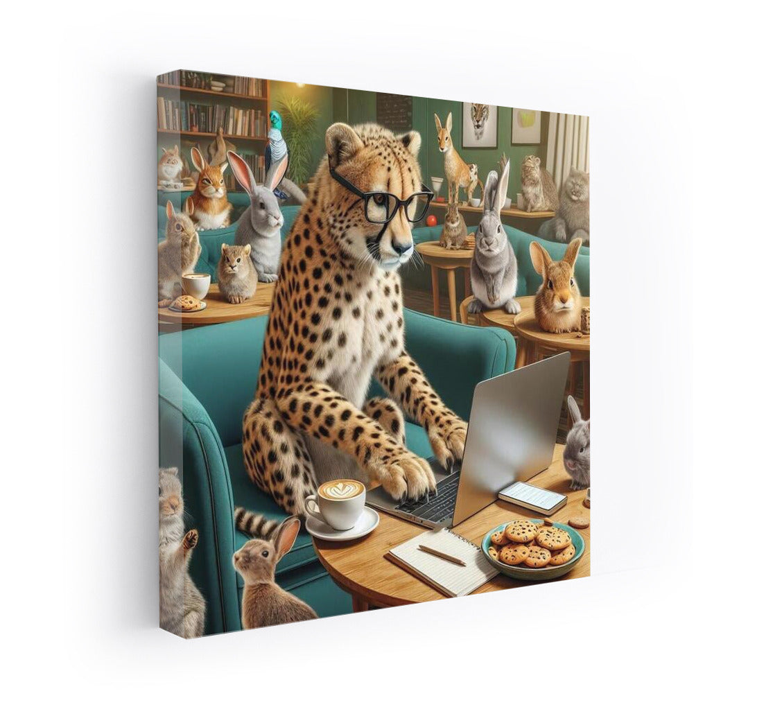 Cheetah in Glasses with Laptop in Cafe: Unique Decor with Hares