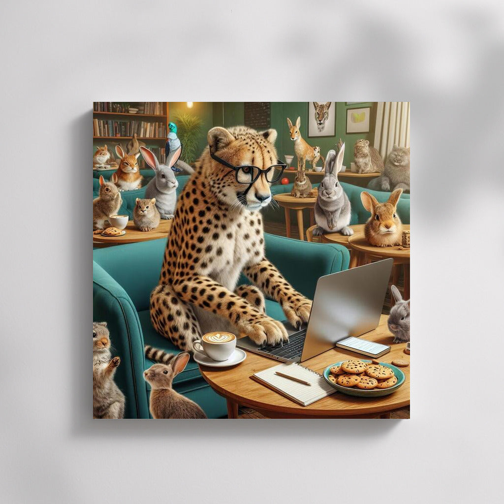 Cheetah in Glasses with Laptop in Cafe: Unique Decor with Hares