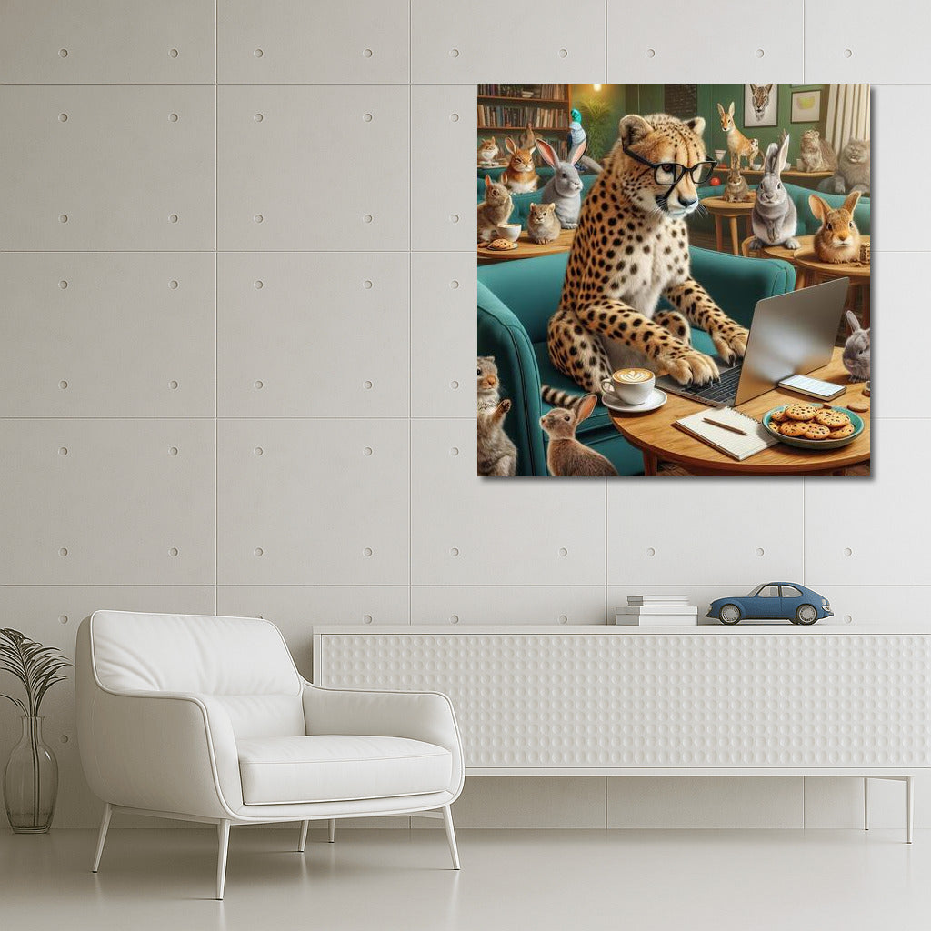 Cheetah in Glasses with Laptop in Cafe: Unique Decor with Hares