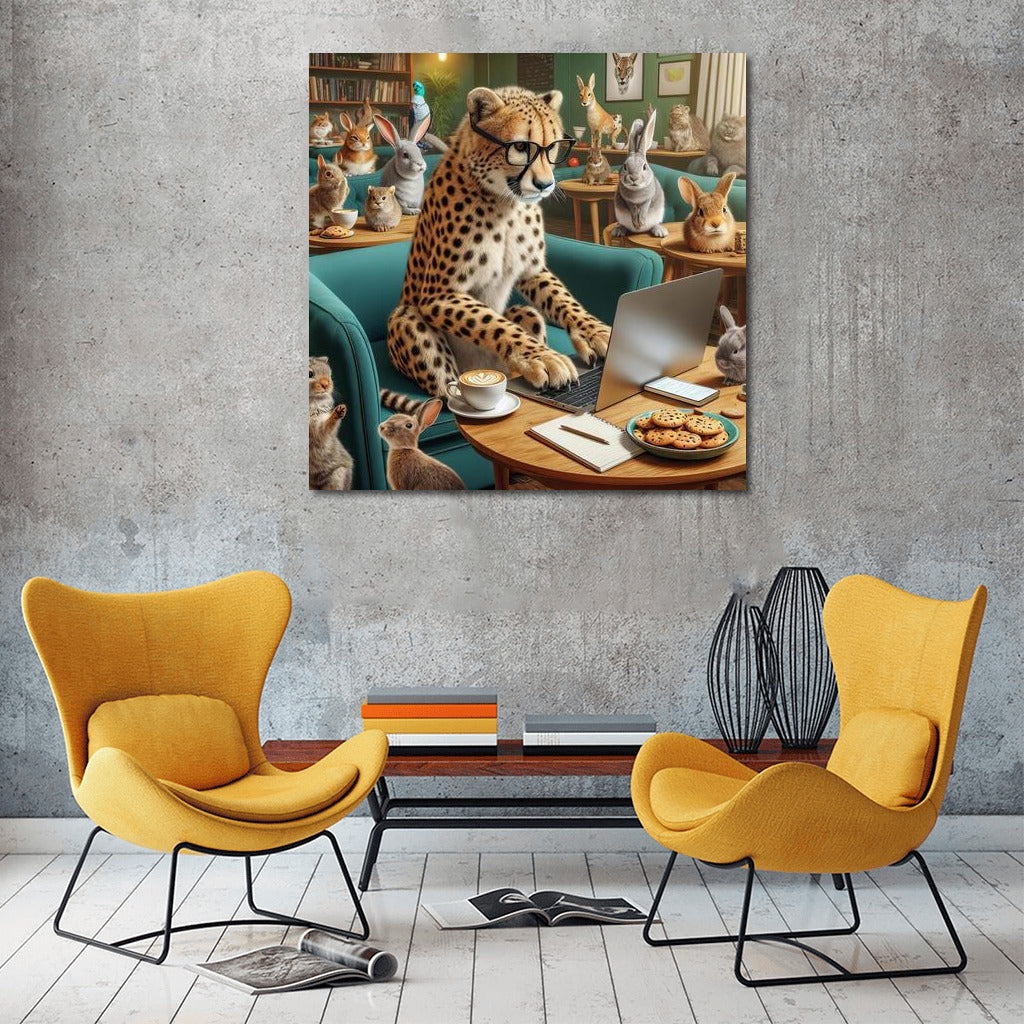 Cheetah in Glasses with Laptop in Cafe: Unique Decor with Hares
