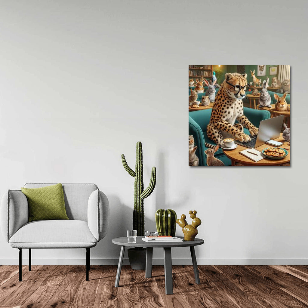Cheetah in Glasses with Laptop in Cafe: Unique Decor with Hares