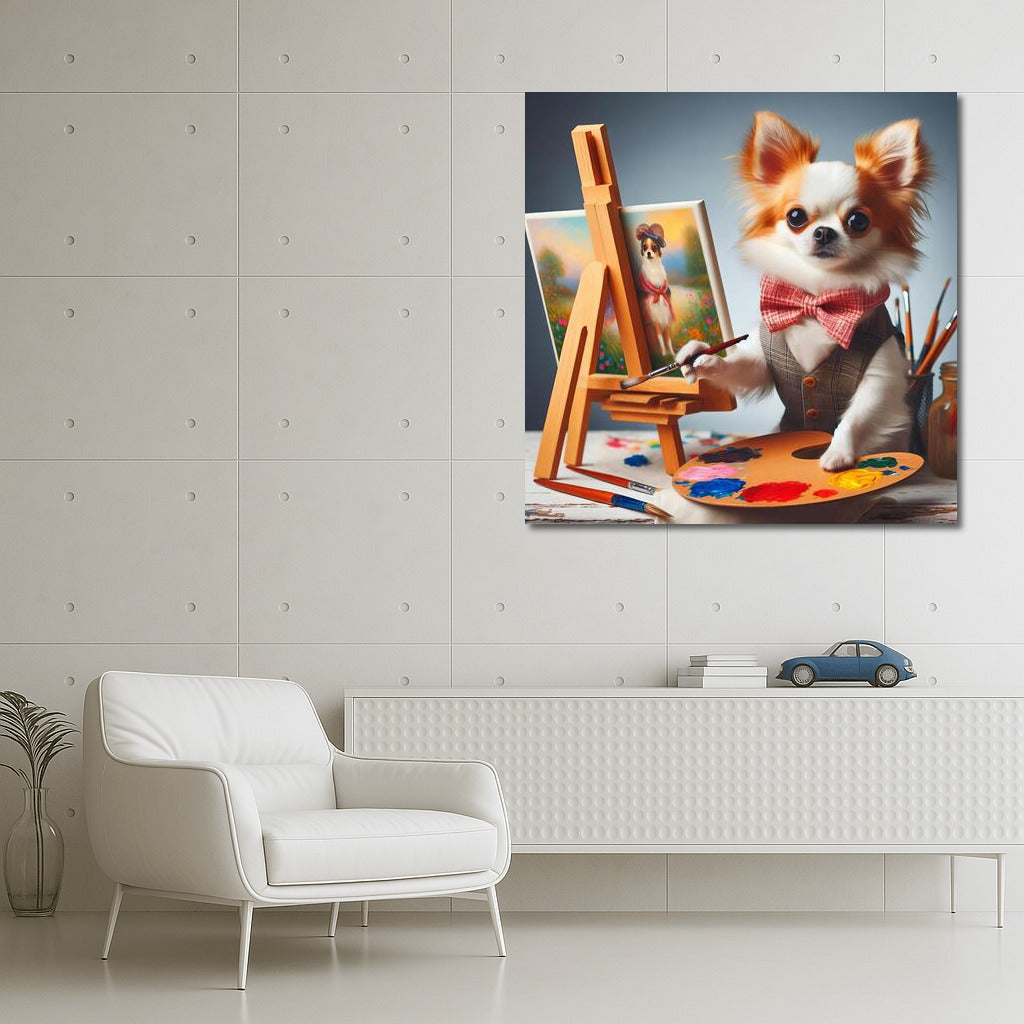 Chihuahua Master: Canine Artist with Brush and Palette at Easel