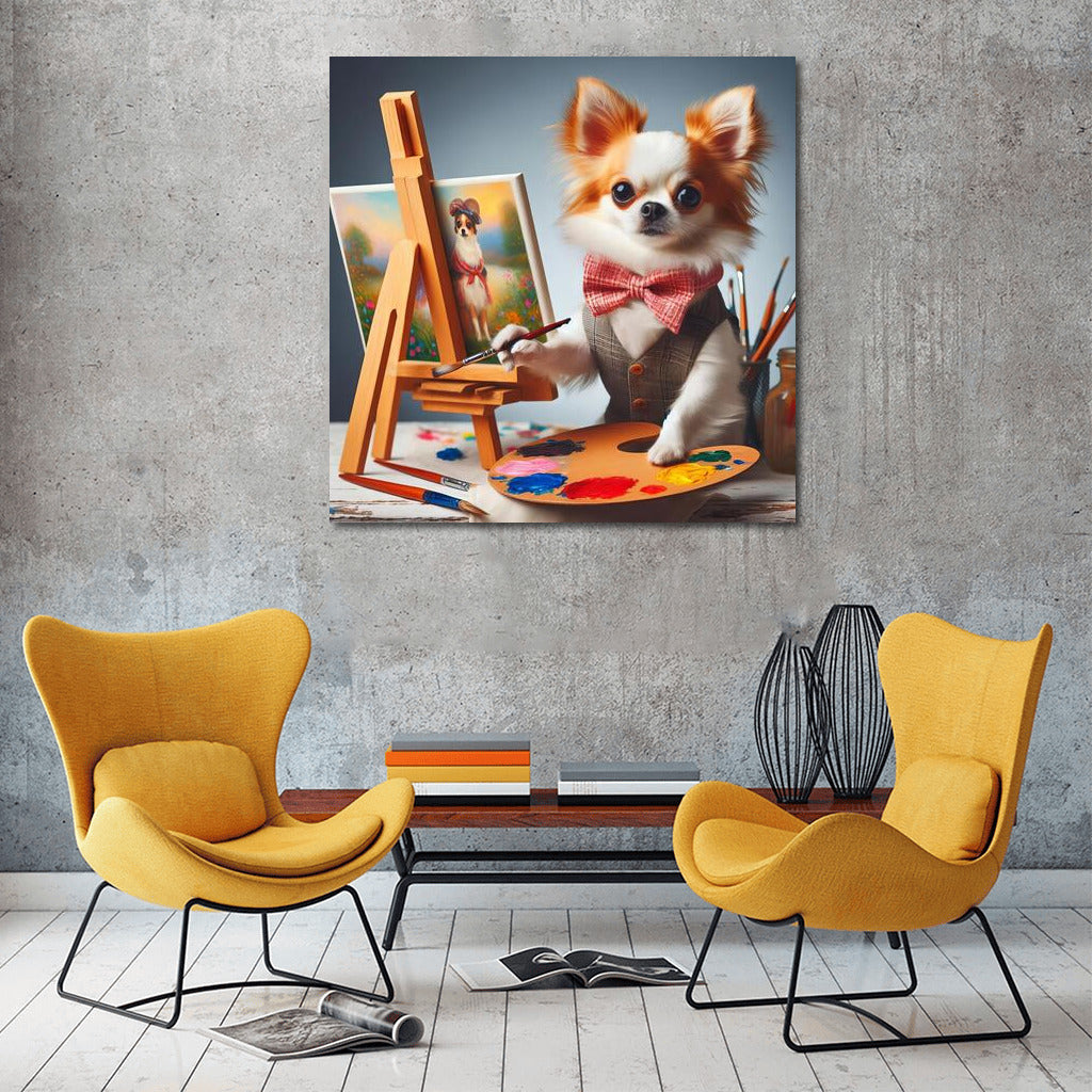 Chihuahua Master: Canine Artist with Brush and Palette at Easel
