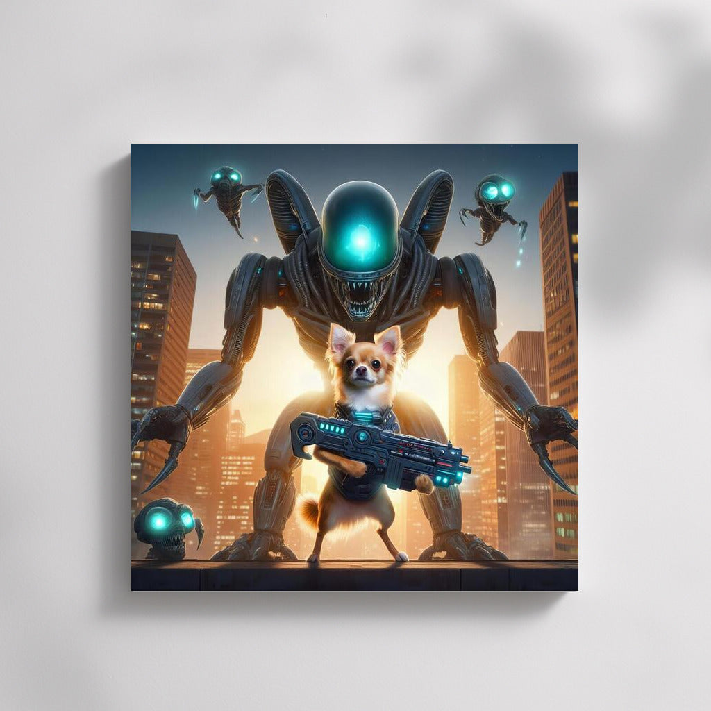 Chihuahua Hero: Robot Defender in Battle with Aliens