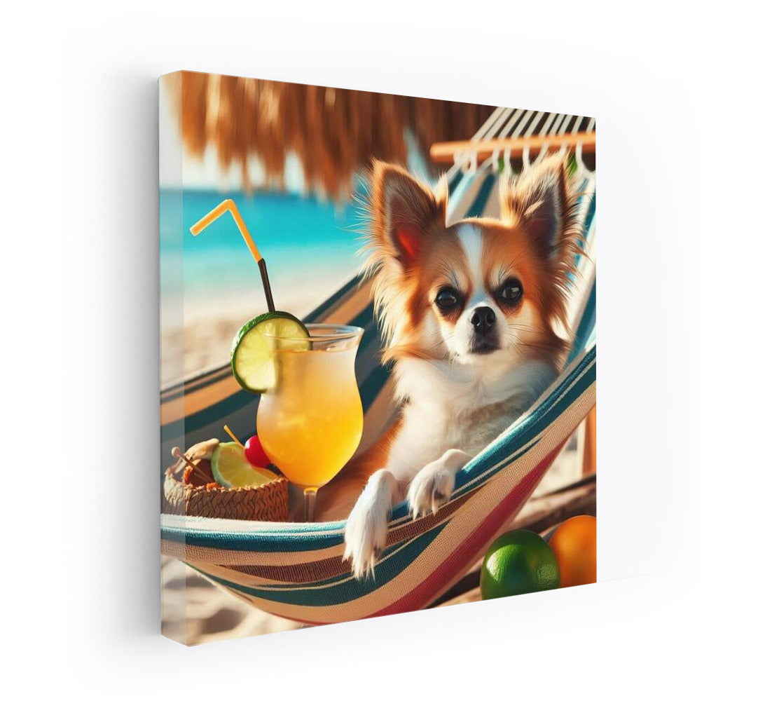Chihuahua on the Beach: Cocktail Relaxation in a Hammock