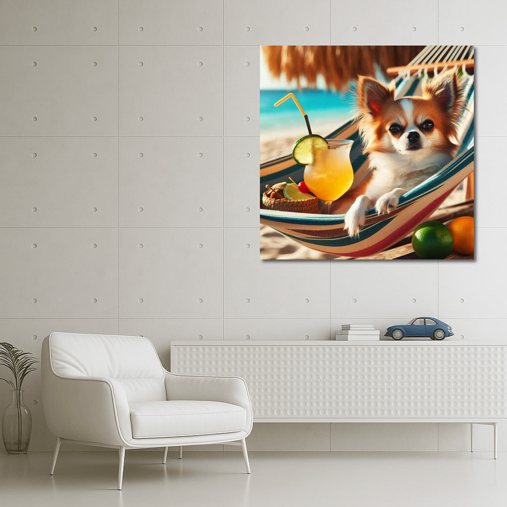 Chihuahua on the Beach: Cocktail Relaxation in a Hammock